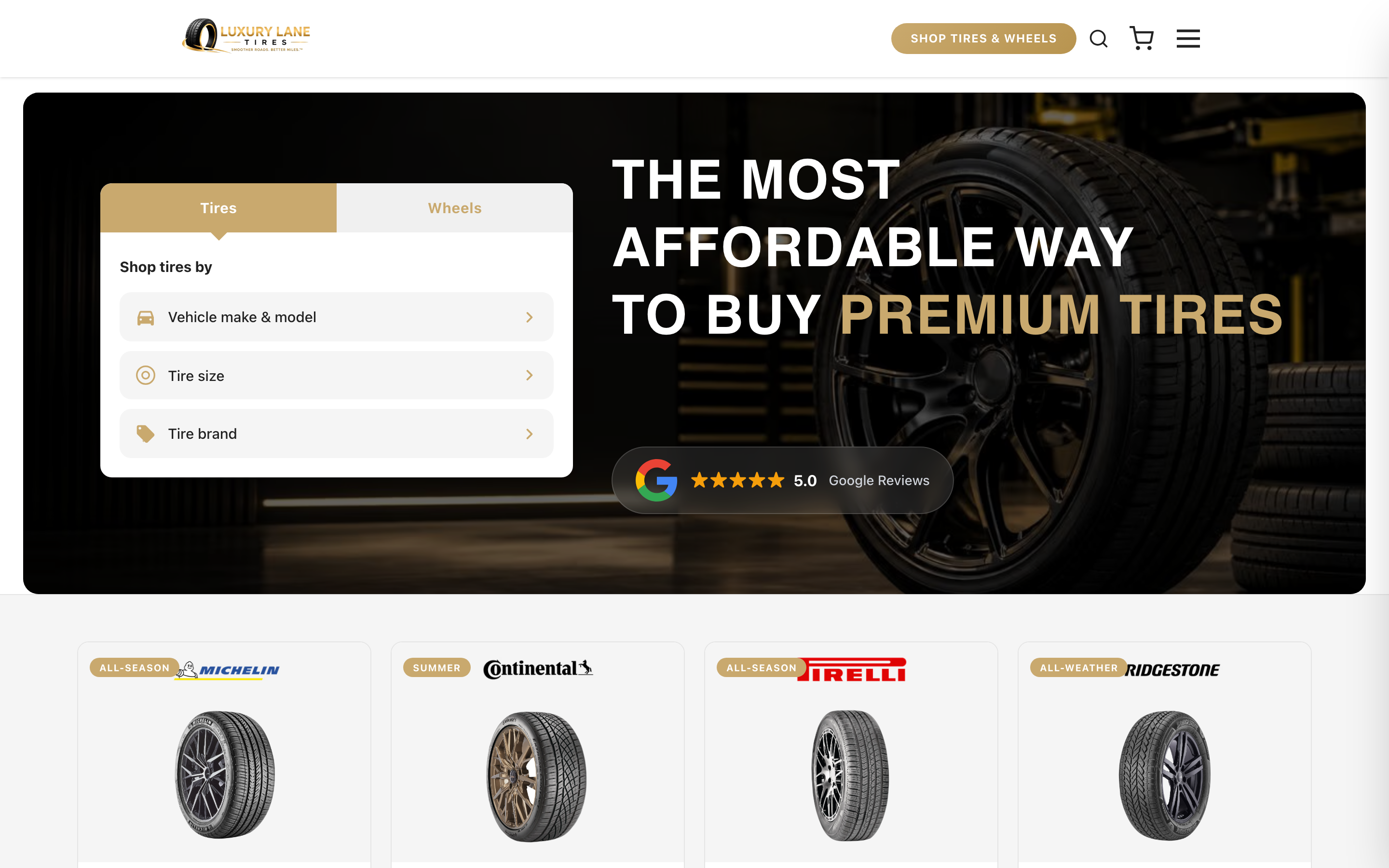 LuxuryLane Tires e-commerce marketplace homepage